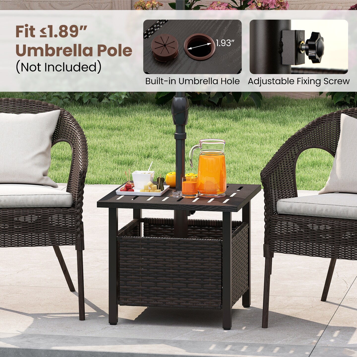PE Wicker Outdoor Side Table with Umbrella Hole for Patio or Garden