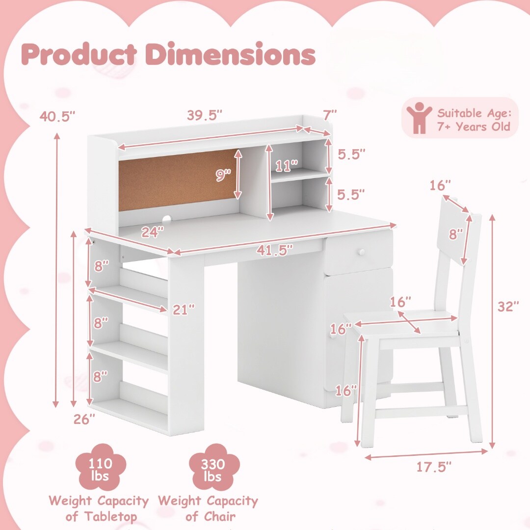 Kids Study Desk Set With Chair Hutch 3-Tier Side Shelf Writing Drawing Table