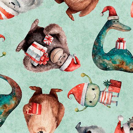 QT Fabrics Christmas Monsters on Seafoam Green 100% Cotton Price per Yard