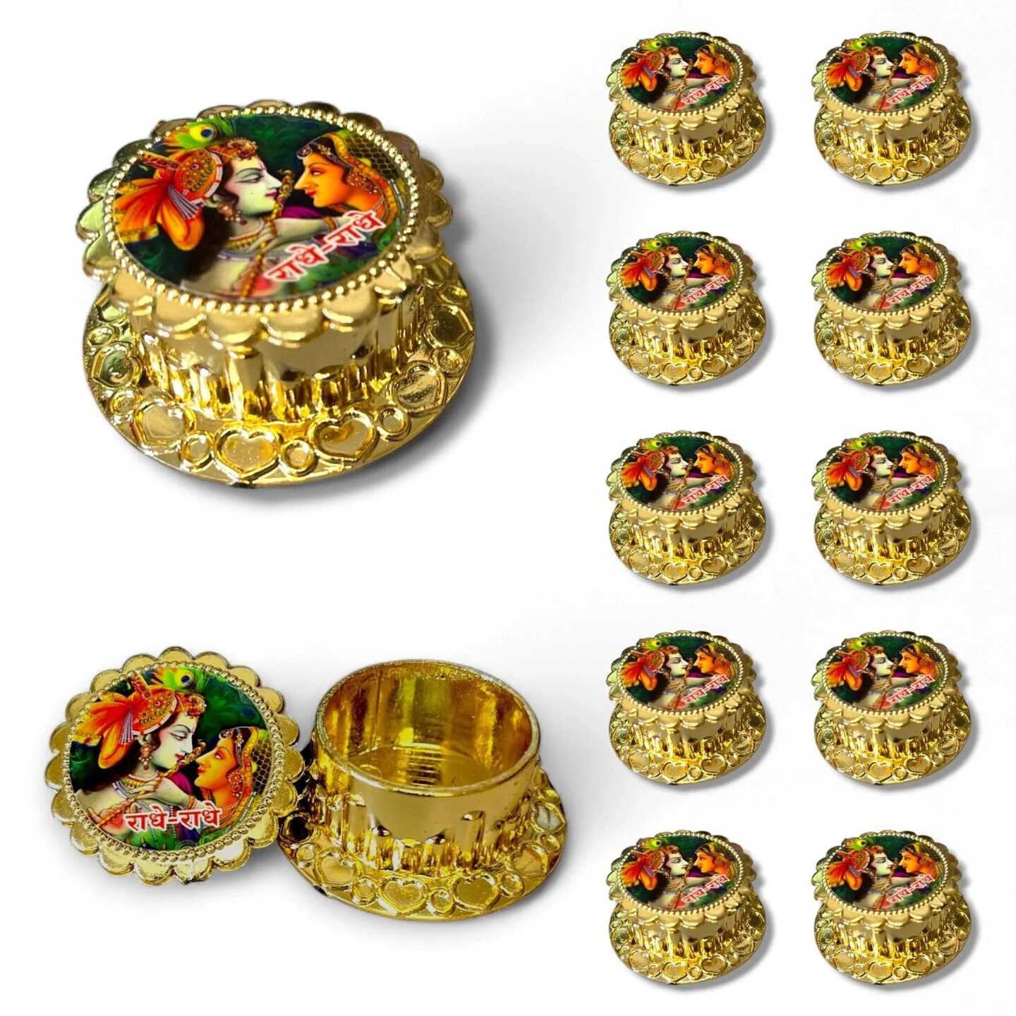 Radha Krishna Haldi Kumkum Holder Traditional Roli Chawal/Rice Holder for Pooja - Hindu Wedding Housewarming Return Gifts Indian Temple Decor Diwali Favors Religious Puja Accessories