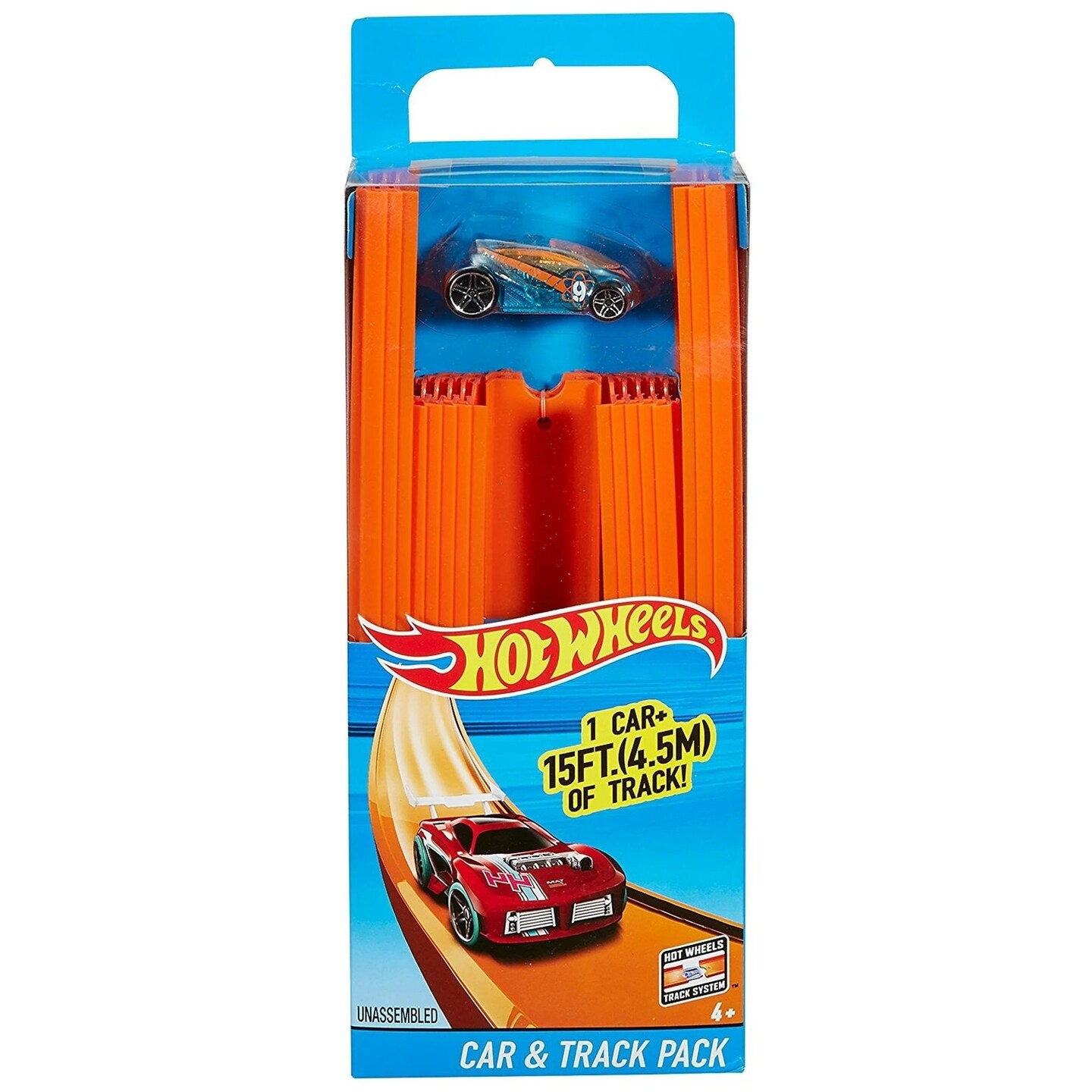 Hot Wheels Track Builder Straight Track with Car, 15 Feet - Styles May Vary, Orange and Blue (BHT77)
