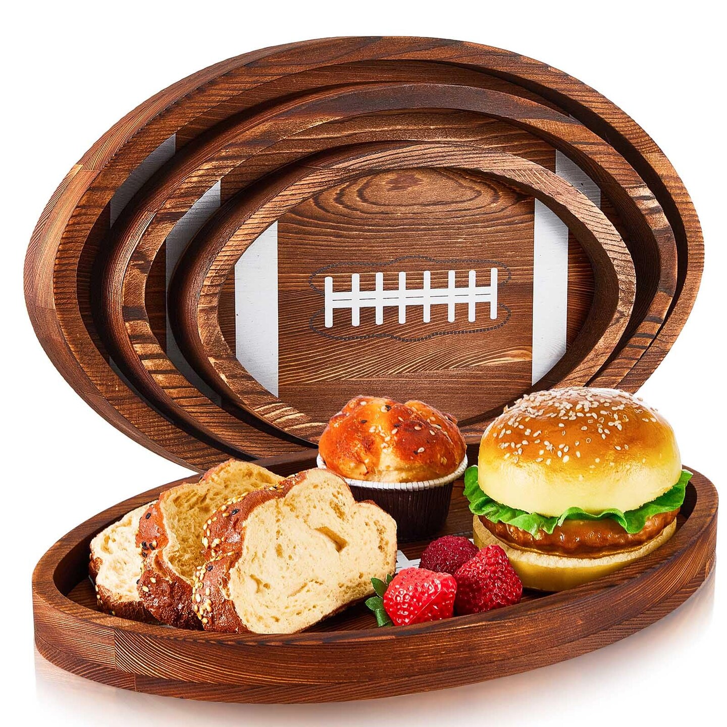 3 Pcs Football Serving Trays and Platters Wooden Shaped Football Plates Soccer Serveware Tailgate Party Serving Platter for Game Party Decorations, 13'', 11'', 8.7''