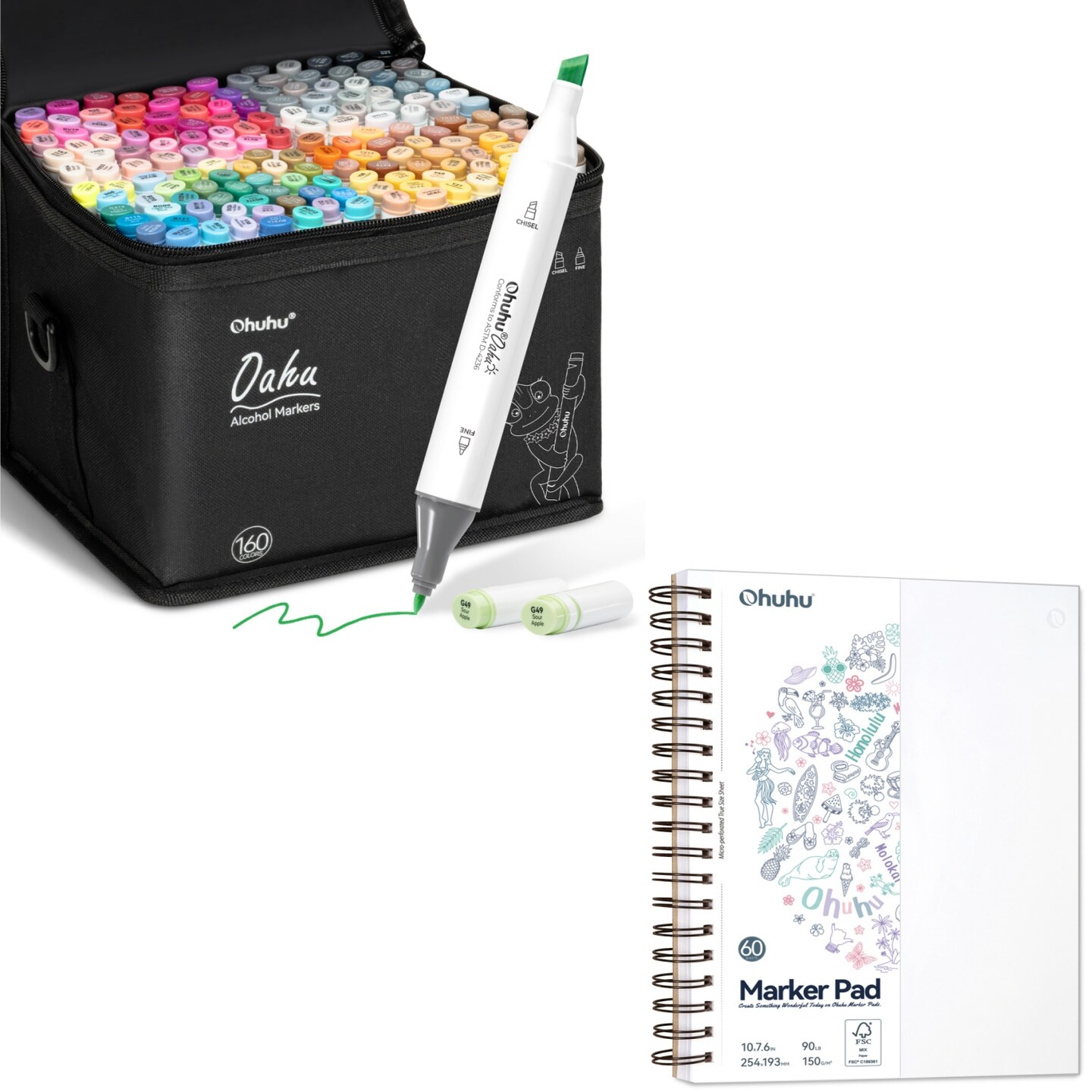 Ohuhu Oahu 160 Colors Alcohol Markers + 7.6" x 10" Double-Sided Bleedproof Marker Pad