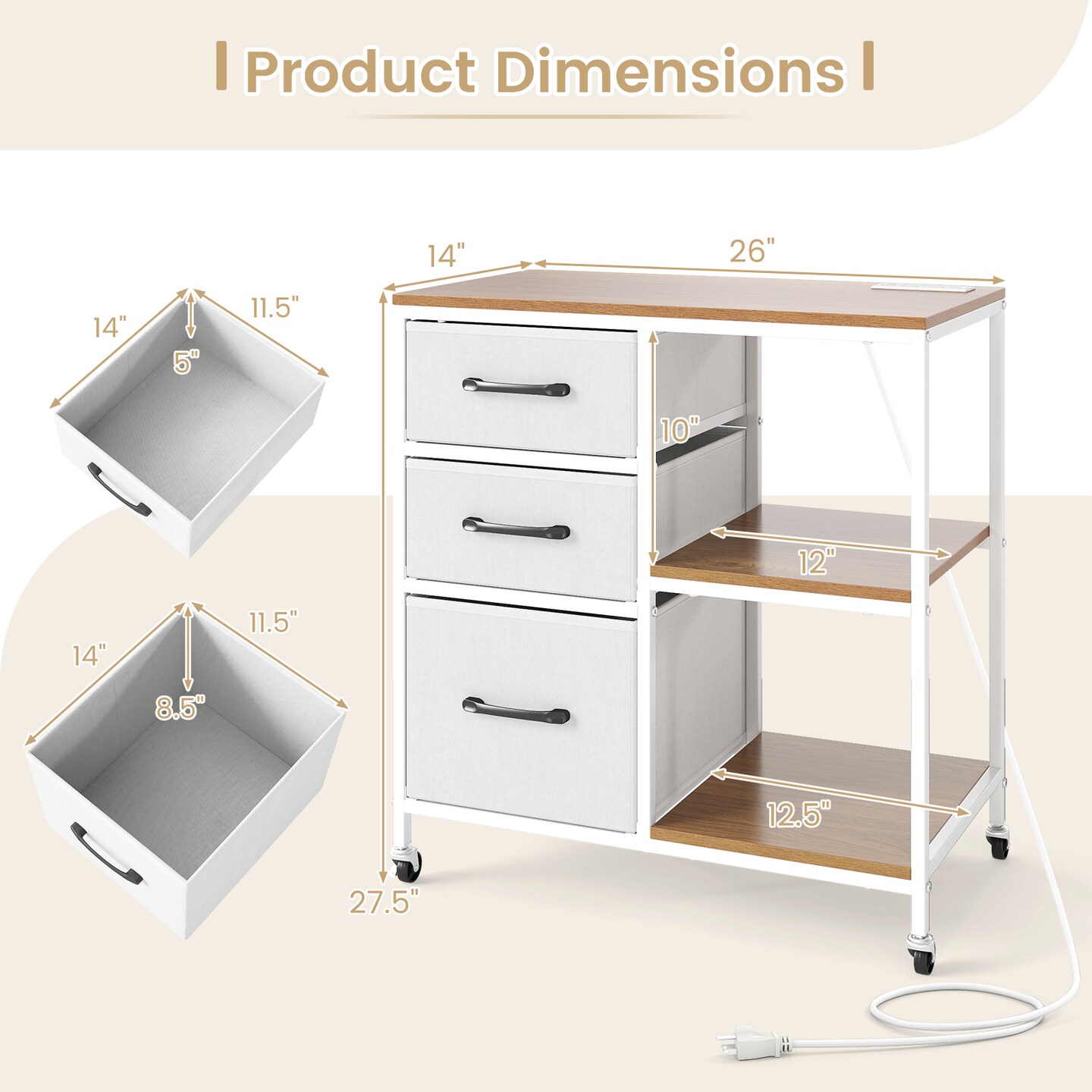 Office Mobile File Cabinet with 3 Drawers, Open Shelves and Charging Station
