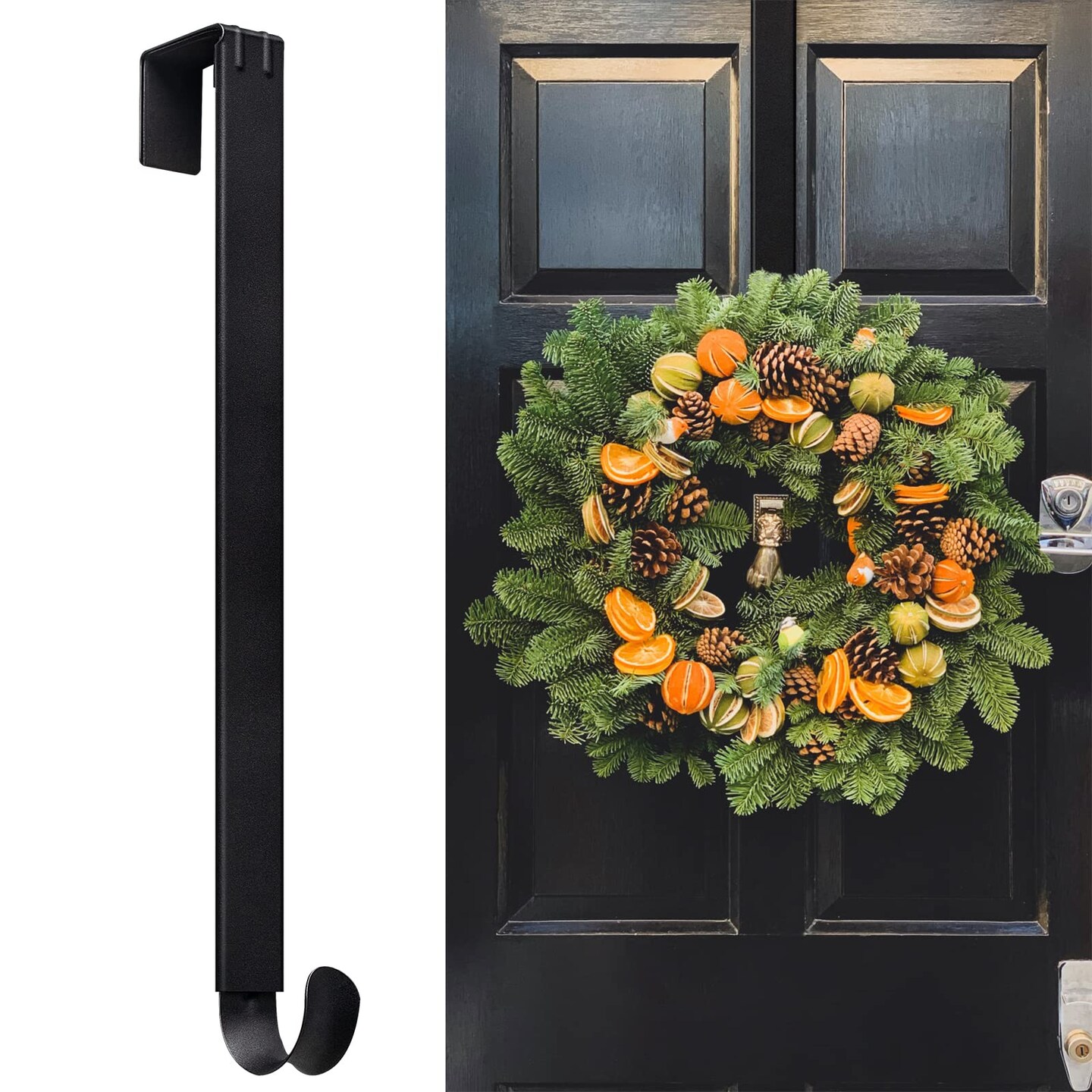 Wreath Hanger Adjustable Door Hanger Wreath Hanger for Front Door 15 to 24inch,Wreath Hook, Hold Up 20lb (Black,1 Pack)