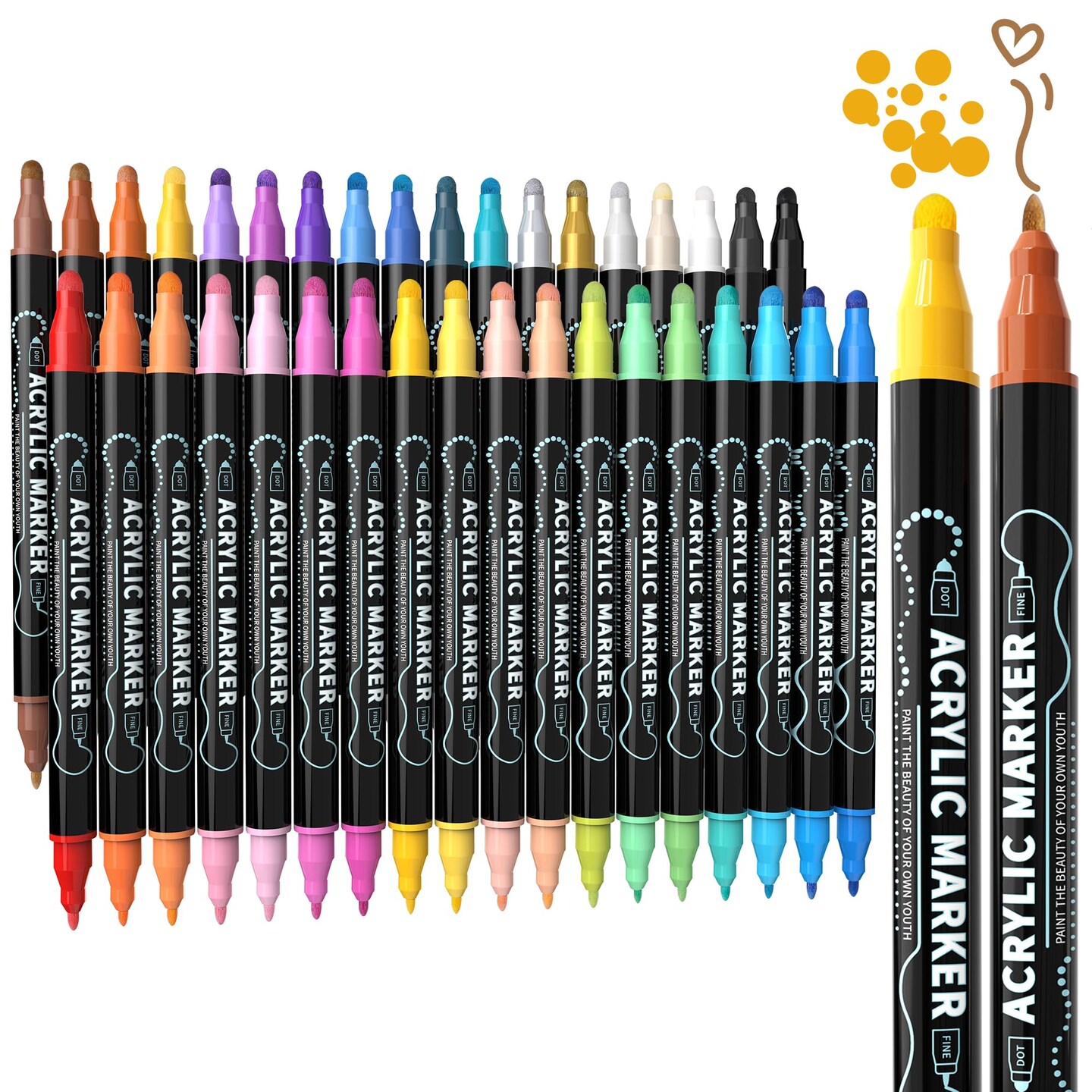 36 Colors Dual Tip Acrylic Paint Markers, Premium Dot & Fine Tip Coloring Paint Pens for Rock, Wood, Fabric, Canvas, Glass, Paper, Ceramic, Scrapbook, Vision Board and DIY Crafts Supplies Art Gifts