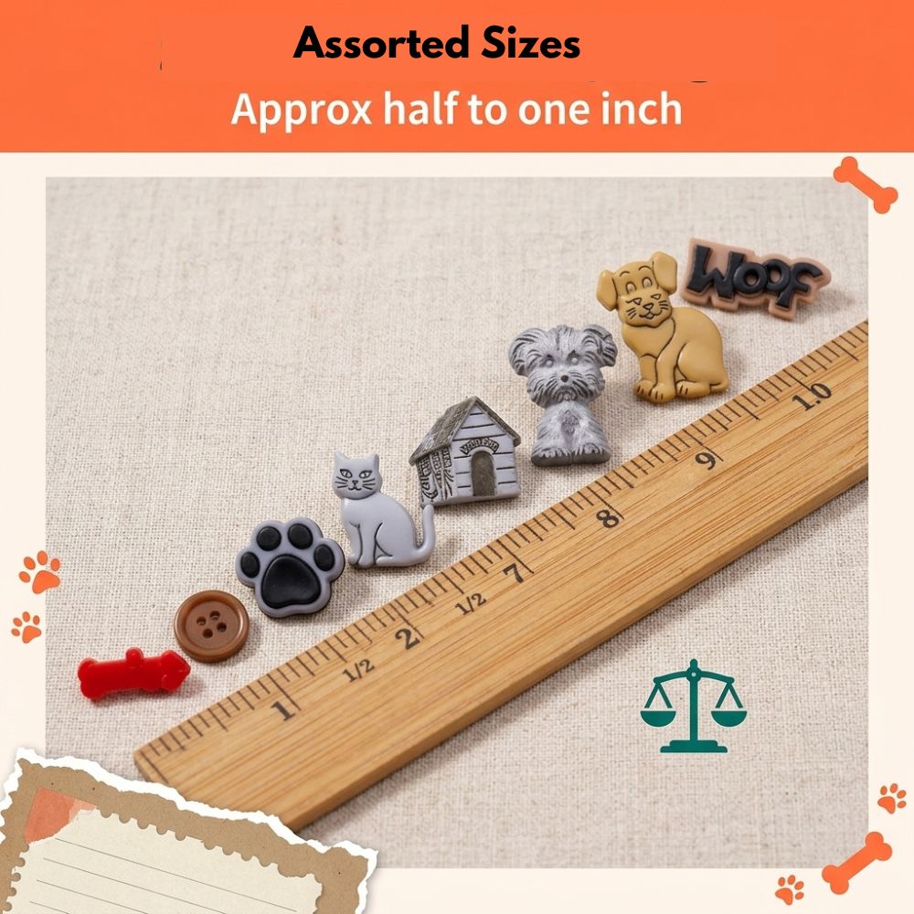 Pet-Themed Decorative Buttons and Embellishments for Sewing & Crafts, Mixed Designs with Dogs. Paw Prints, Dog Bones, Fish, and Cat Motifs, 100+ Pieces