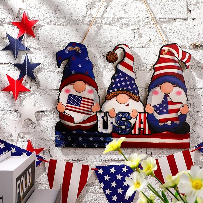 4th of July Gnome Door Sign - 250th Anniversary Patriotic Wooden Plaque - 12" Rustic American Flag Gnome Hanging Decor for Independence Day, Memorial Day & Summer Front Porch