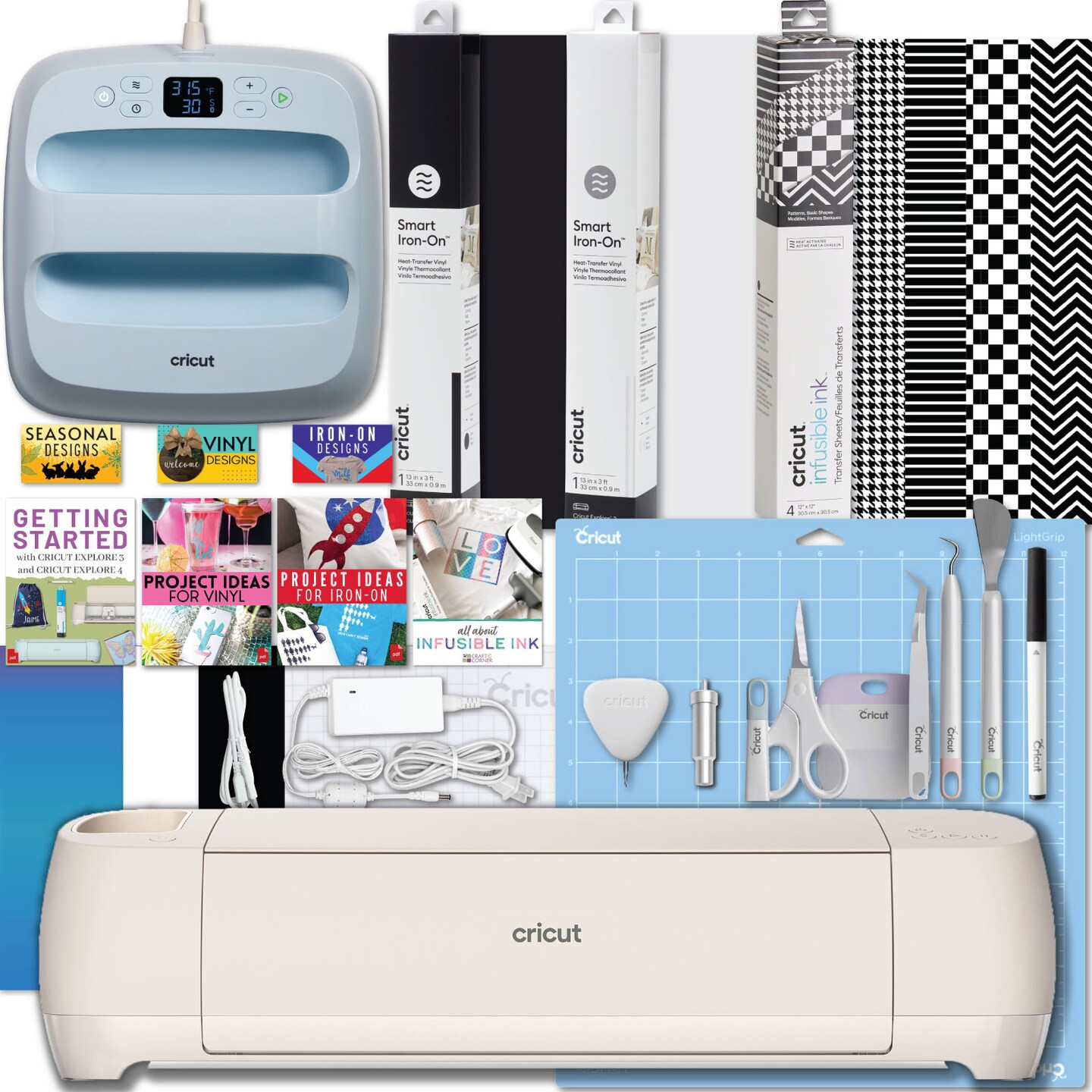 Cricut Explore 4 Cutting Machine and Easy Press 3 Combo with Heat Transfer Materials Bundle