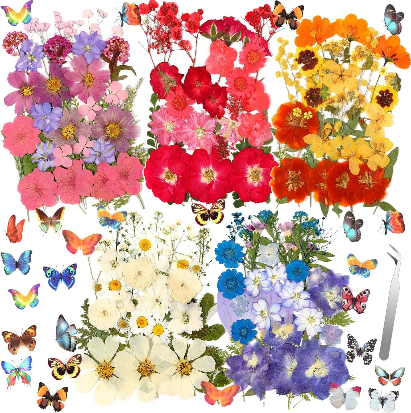 269PCS Dried Pressed Flowers for Resin Crafts – Bulk Real Nature Wildflowers & Leaves Set with Butterfly Stickers, Tweezers for DIY Jewelry, Scrapbook, Candle, Vase, Card & Home Décor