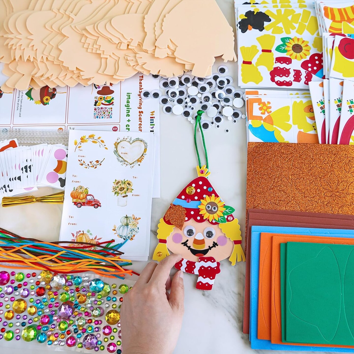 24 Sets Fall Scarecrow Craft Kits for Kids &#x2013; DIY Autumn Scarecrow Head Ornaments with Foam Harvest Stickers, Maple Leaves &#x26; Pumpkins, Arts and Crafts for Classroom, Holiday Parties, and Thanksgiving Favors (Green,Orange) 3 x 2 x 5 inches