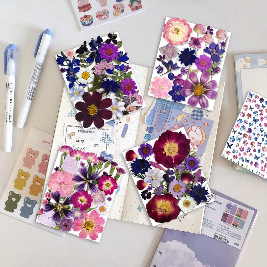 150PCS Purple Dried Pressed Flowers with Butterfly Stickers – Real Nature Floral Set for Resin DIY, Jewelry, Candle, Soap, Vase, Nail, Card, Scrapbook & Craft Projects (Purple)