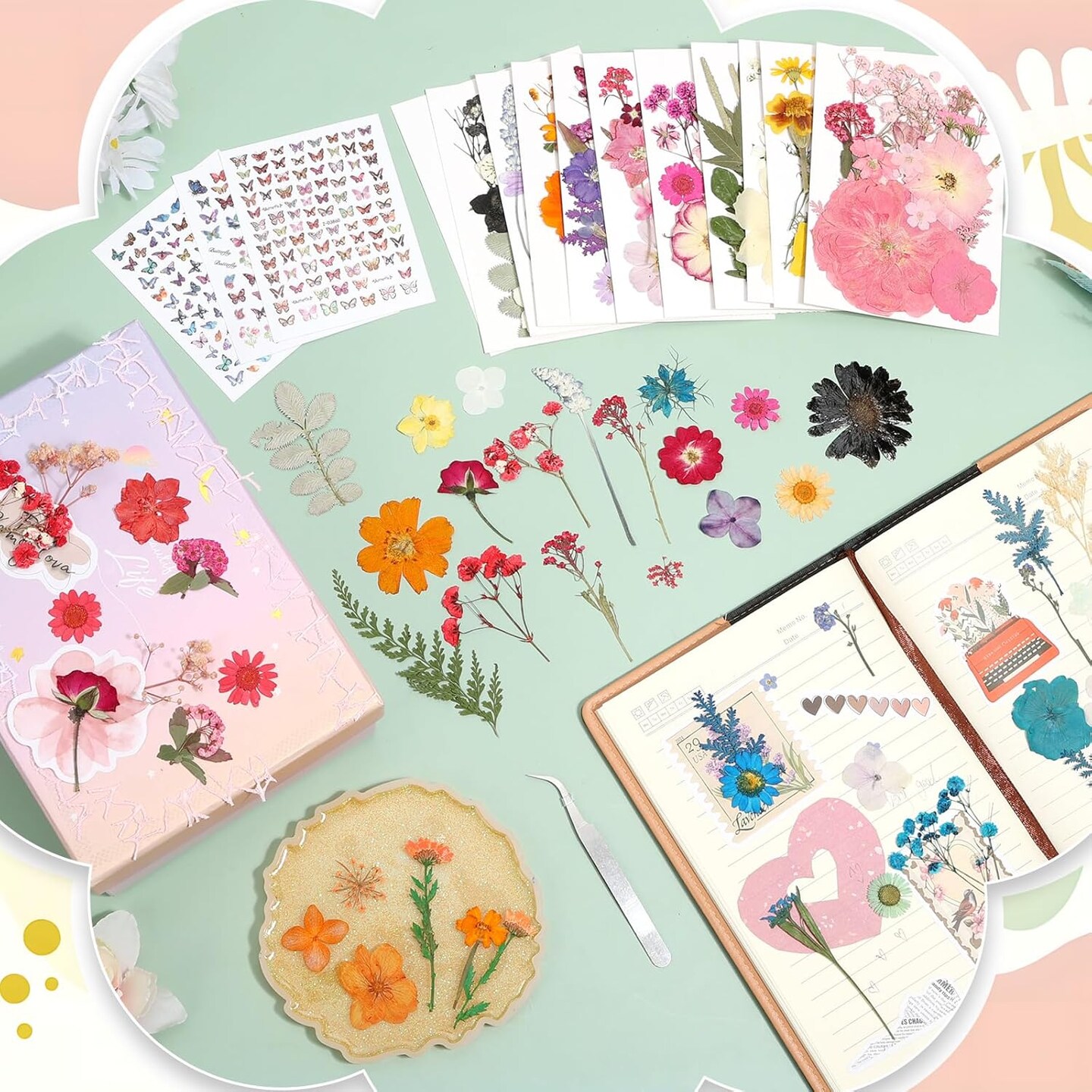 500-Piece Dried Flowers & Butterfly Stickers for Crafts – Real Pressed Flowers, Leaves & Resin Stickers for DIY Resin, Soap, Candle, Scrapbook, Jewelry, Nail Art, and Card Making