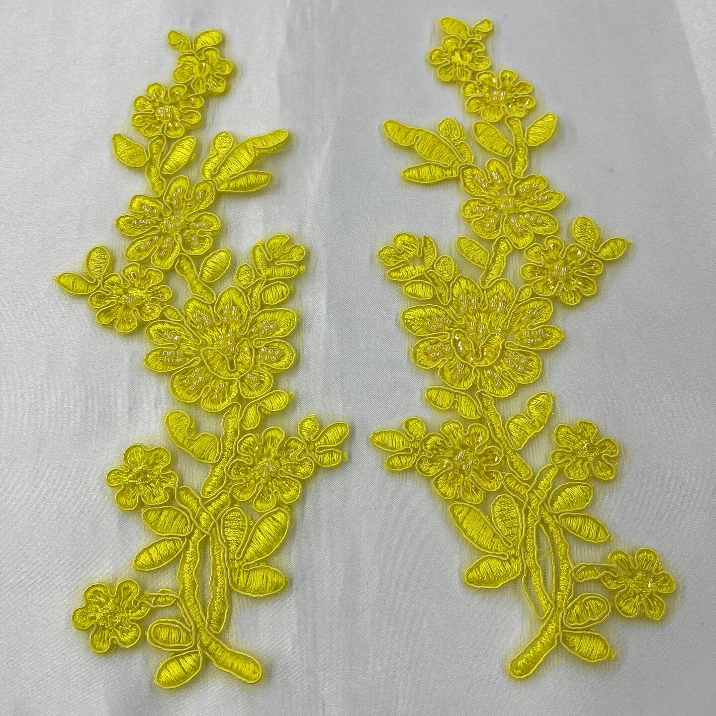 1 Pair Beaded & Corded Floral Lace Applique 10" x 2" Each Side