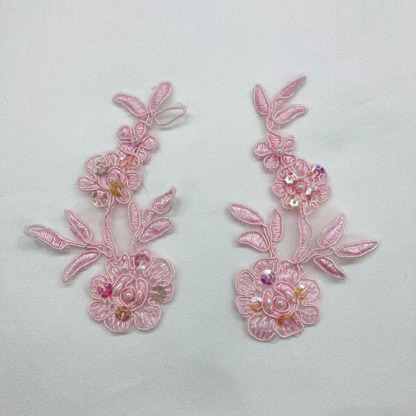 1 Pair Beaded & Corded Floral Lace Applique 4" x 2" Each Side