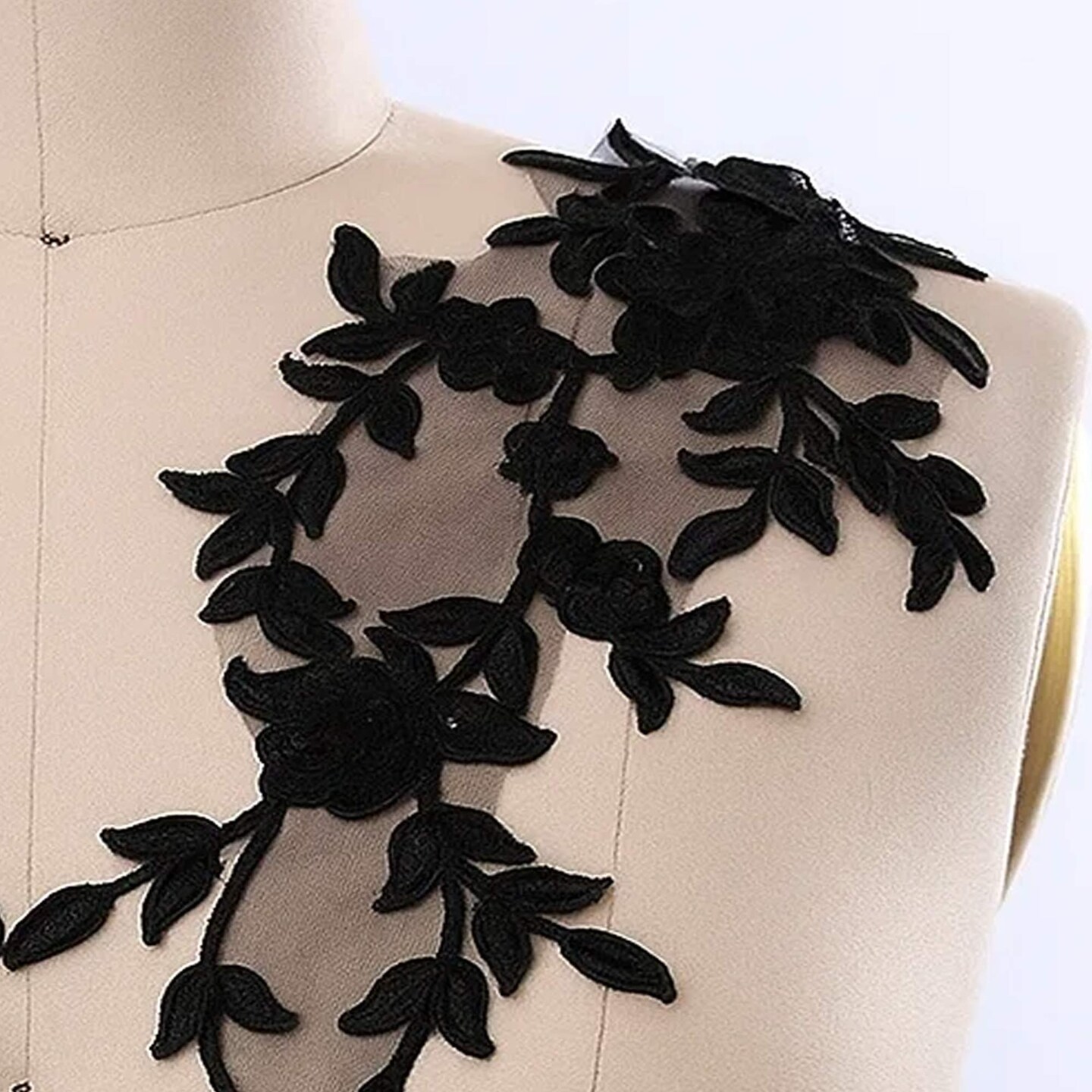 1 Pair 16&#x22; Length Black Beaded Floral Lace Appliques for Gothic Costume Veil Dress Design
