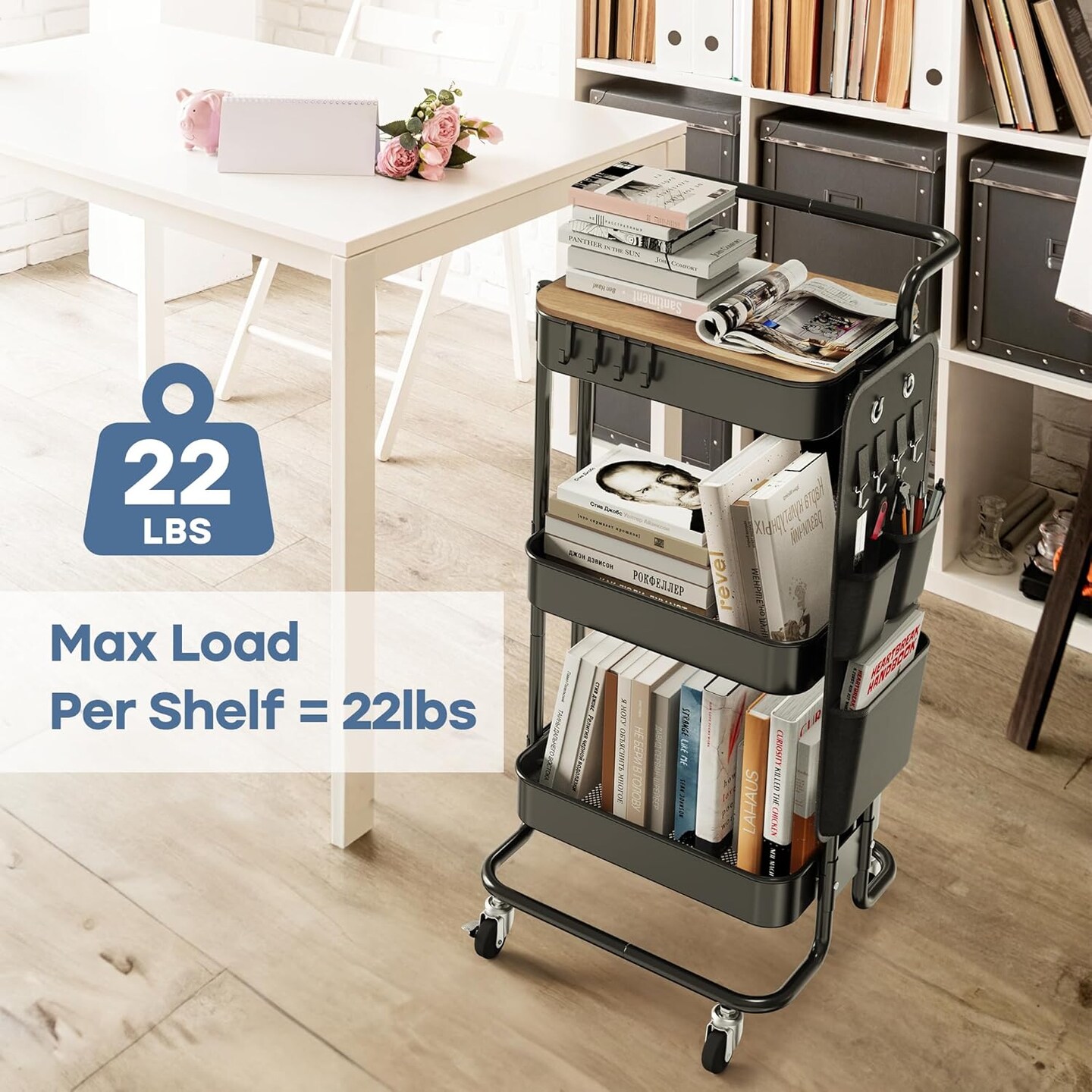 3 Tier Metal Utility Rolling Cart with Table Top and Side Bag-Art Craft 4 Hooks - (Black)