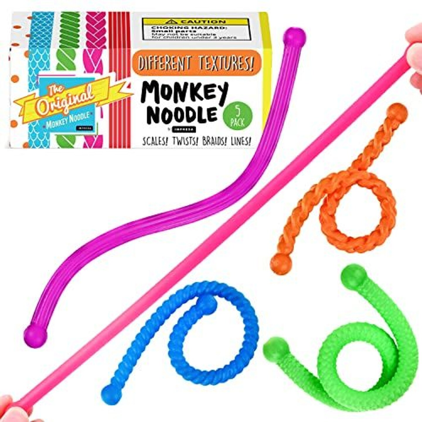 IMPRESA [5-Pack] Textured Monkey Noodles Fidget Toys, Sensory for Children &#x26; Adults, Ease Overactive Minds with Sensory Fidgets, Special Needs for Children, Aid Focus with Stretchy Toys for Kids 3-14