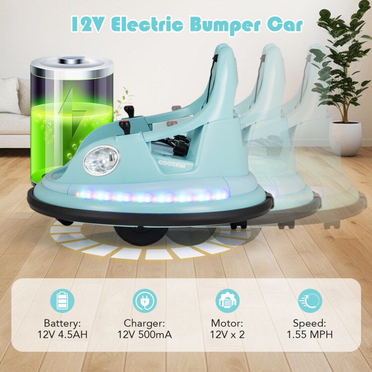 Kids 12V Ride-On Bumper Car with Remote Control, Dual Joystick, 360° Spin & Lights