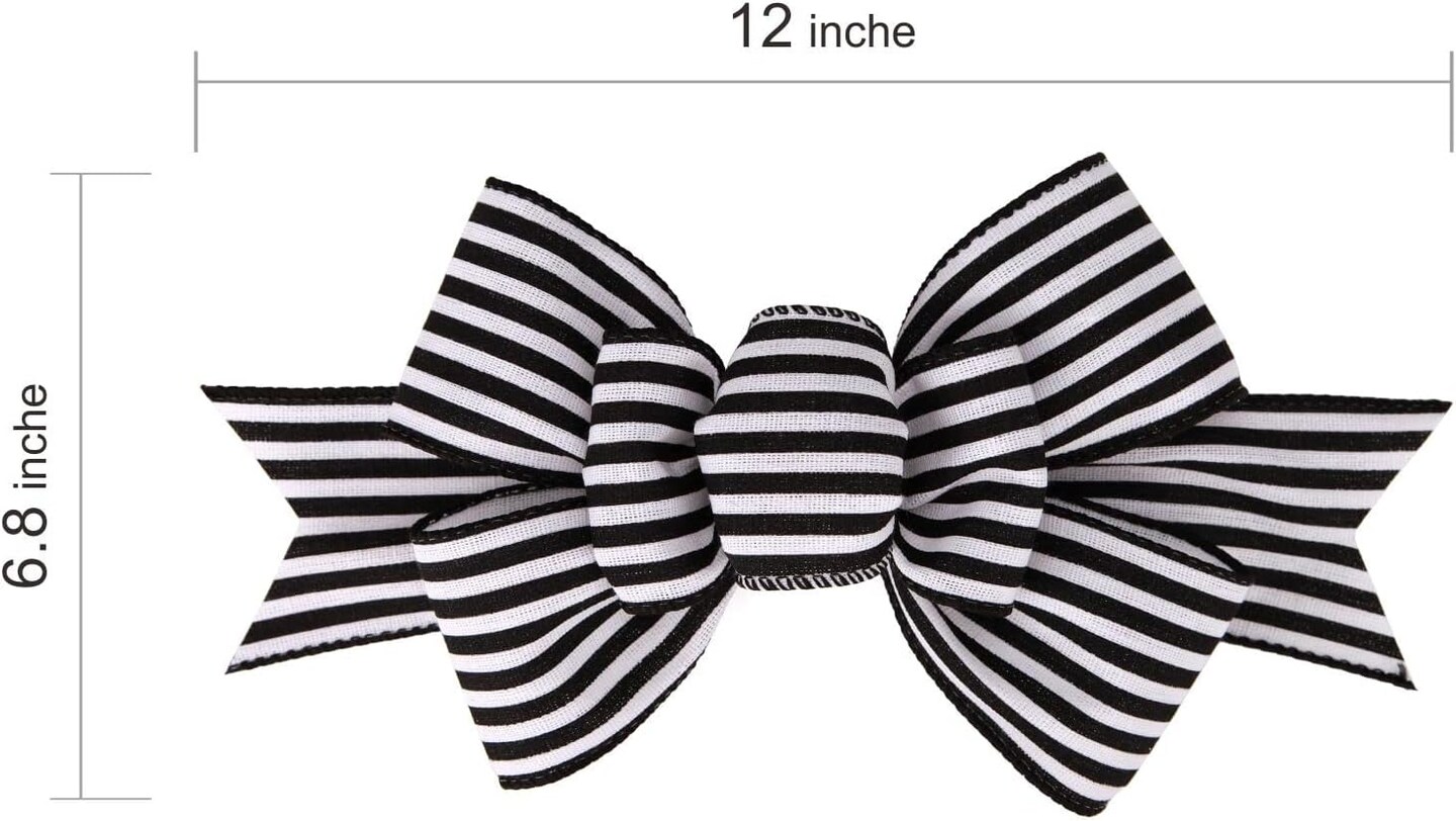 2 Pcs Christmas Burlap Bow Handmade Premade Bows for Wreaths Large Decorative Christmas Ornaments Tree Decorations Wrapping Bows Decor (Black White Stripe)