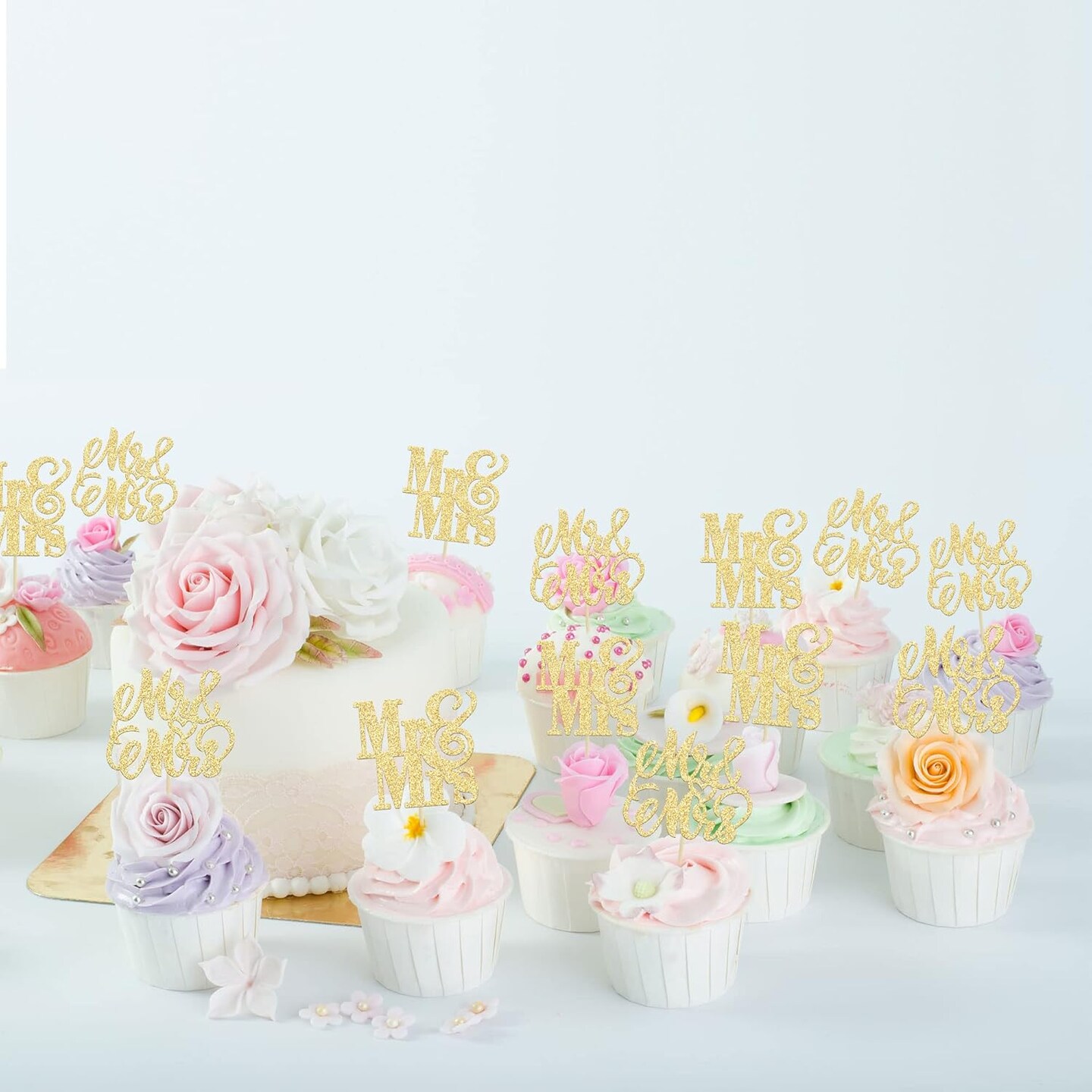 24PCS Gold Glitter Mr & Mrs Cupcake Toppers – Bridal Shower & Wedding Picks, 2.4"x4.3"
