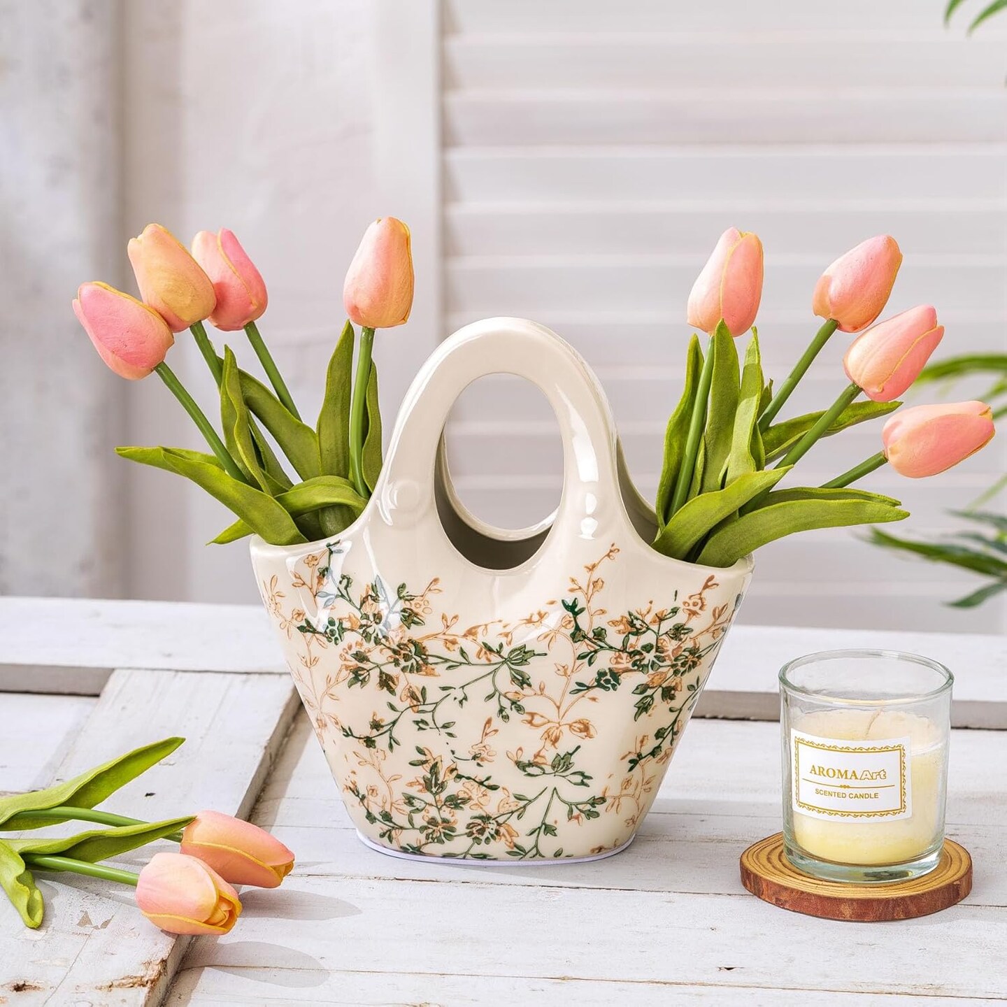 Ceramic Purse Vase for Flowers, Cute Handbag Vase, Vintage Green and Beige Floral Vase, Rustic Farmhouse Vase for Living Room, Kitchen, Bedroom, Table Centerpiece, Chinoiserie and Tuscan Decor 9 Inch