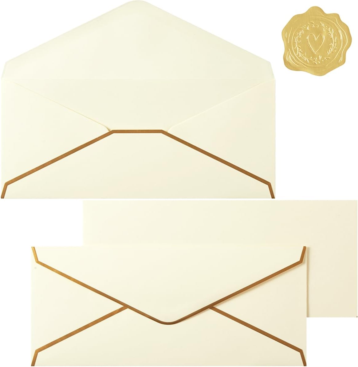 30 Pack Thick #10 Business Envelopes with Gold Border – 4 1/8 x 9 1/2 Inches, Cream Color, Standard Paper Envelopes with Stickers for Office, Letters, Checks, Invoices