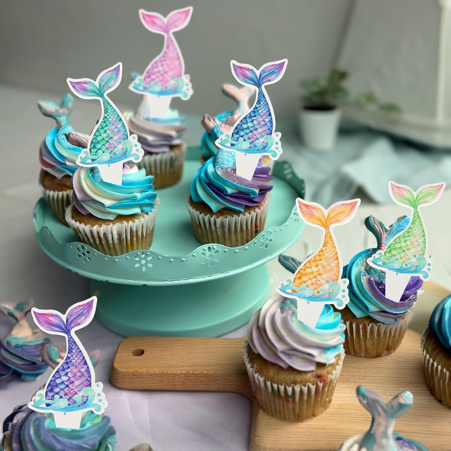36PCS Mermaid Tail Cupcake Toppers – Under the Sea Picks for Birthday & Baby Shower Cakes