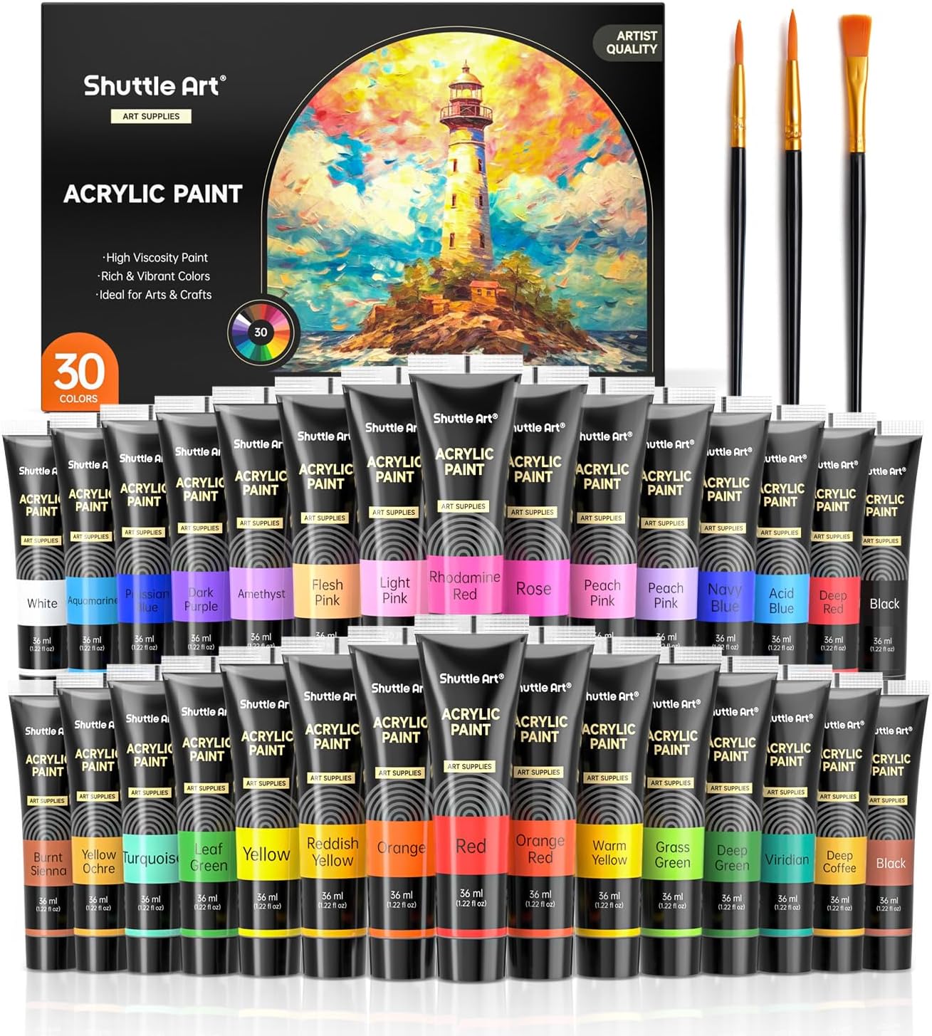 30 Colors Acrylic Paint Set, 36ml Tubes with 3 Brushes, Artist Grade Acrylic Paint, for Kids Adults Beginners, Painting on Crafts Canvas Wood Rocks