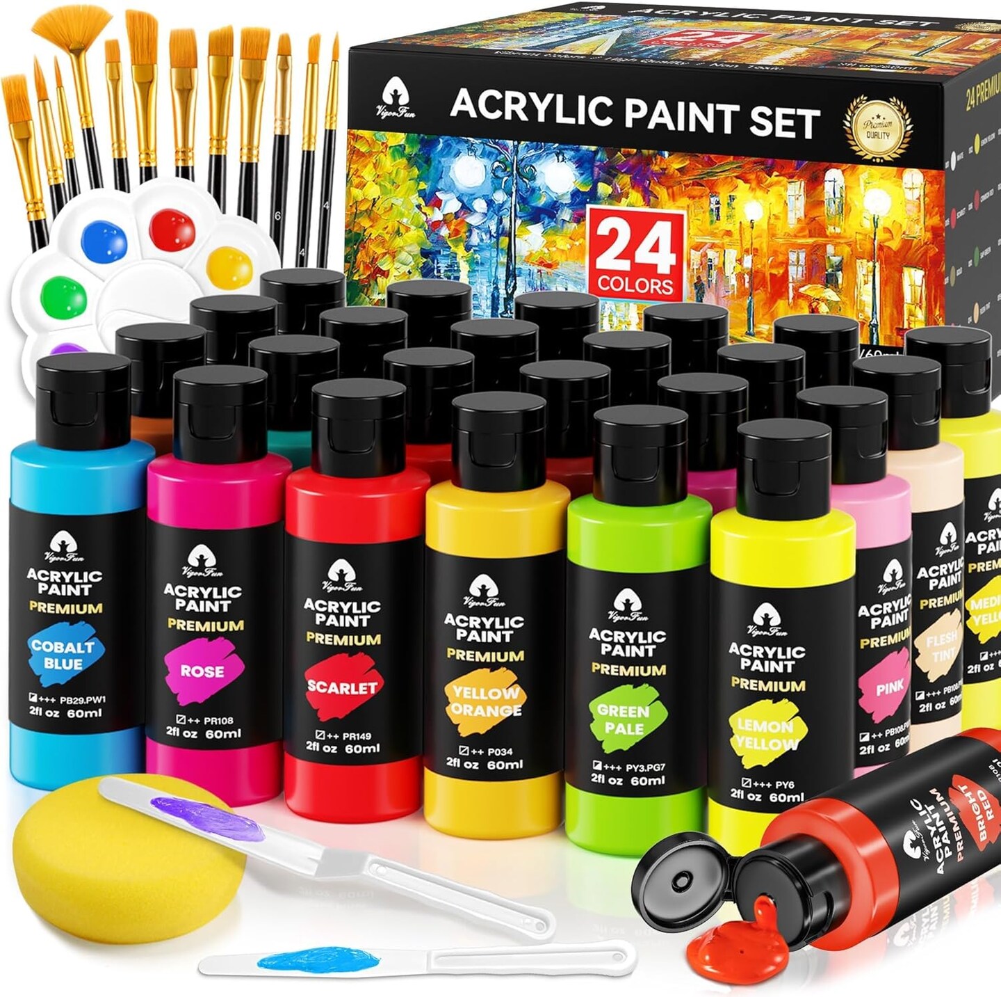 40 Pcs Acrylic Paint Set with 12 Brushes, 2 Knives & Palette - 24 Colors (2oz/60ml) for Adults, Kids, Artists & Beginners - Easter Basket Stuffers, Rock & Egg Painting Kit