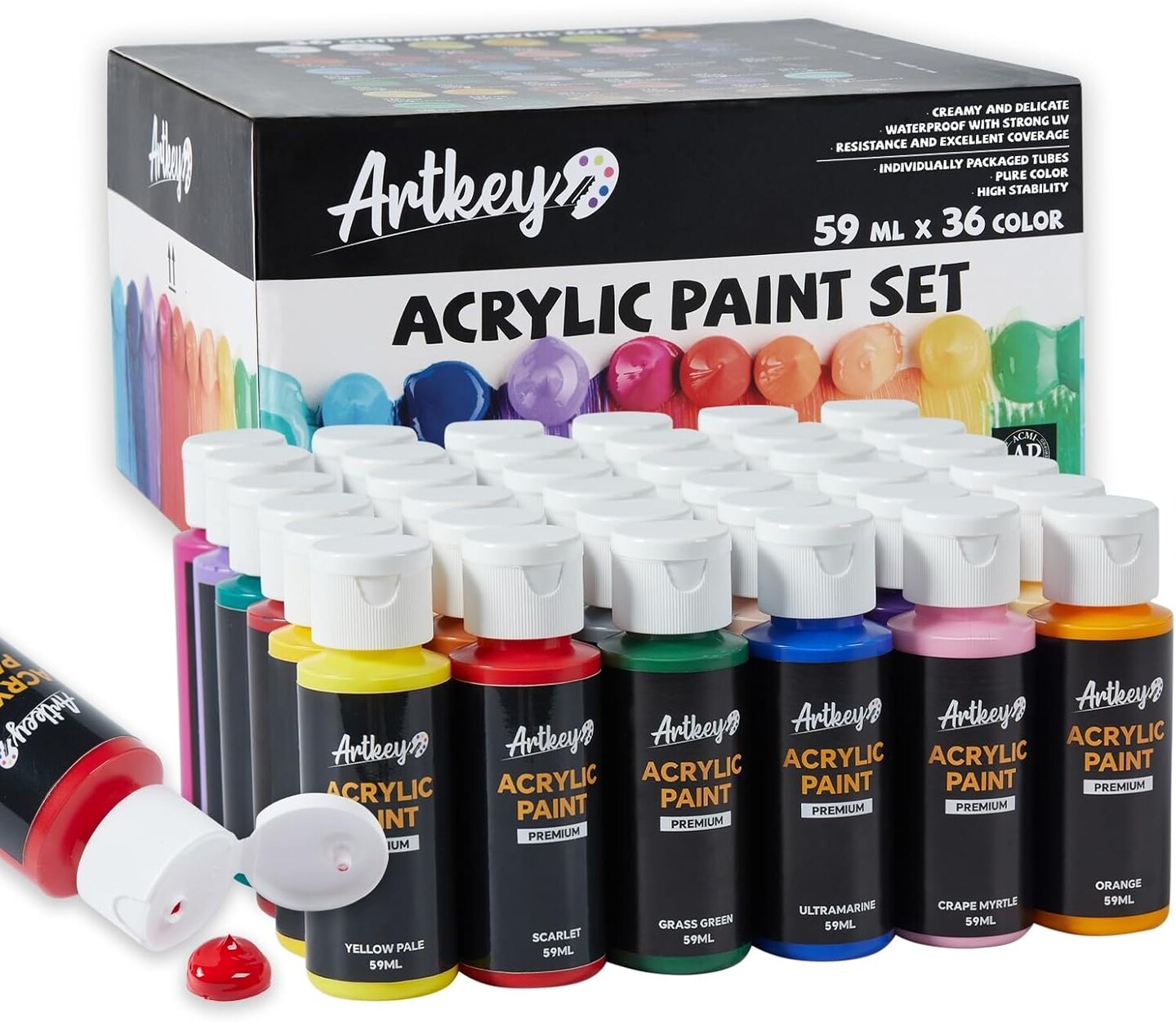 Acrylic Paint Set - 36 Colors 2 oz/59 ml Acrylic Paints Professional Artists Painting Kit for Canvases Fabric Rock Leather Easter Egg Wood Ceramic Glass Art Craft Painting