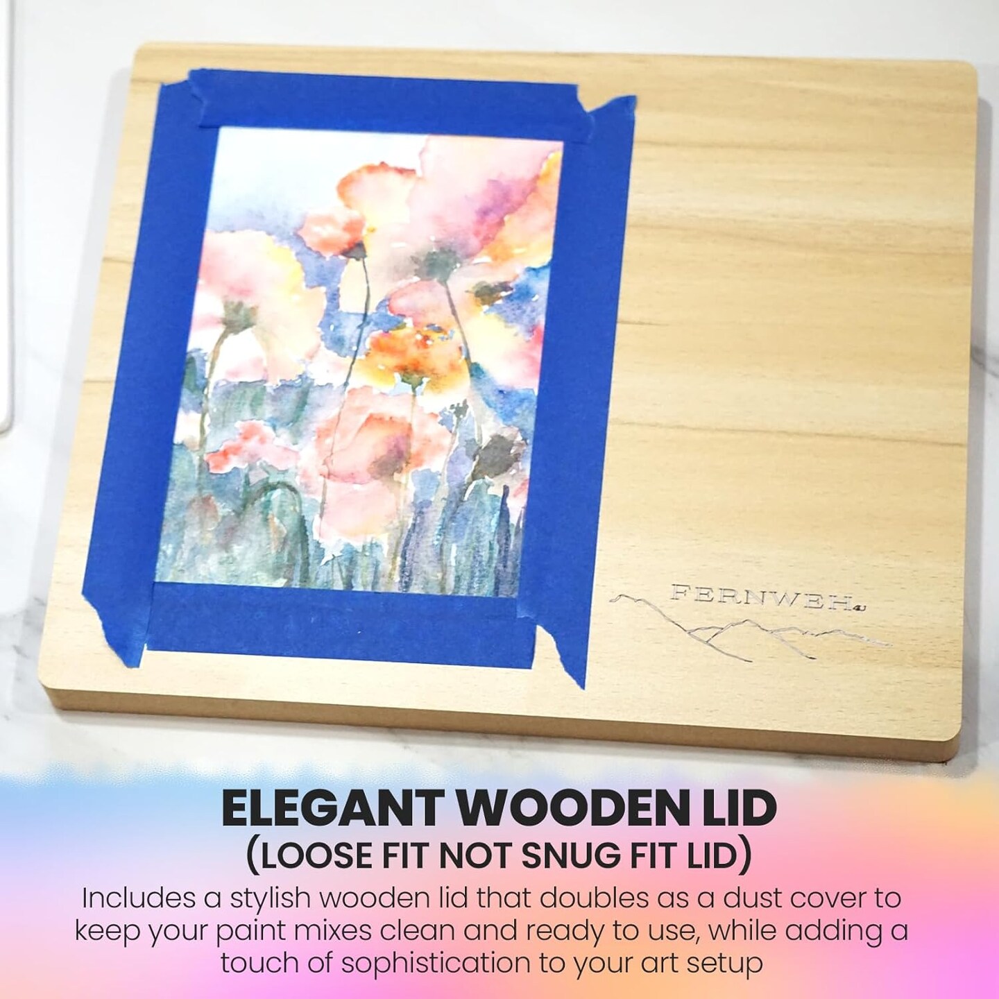 Ceramic Watercolor Paint Palette with Wooden Lid - 12x10 Inch Porcelain Mixing Tray with 22 Wells and 6 Large Wells - Professional Palette for Gouache, Acrylics, and More - Durable Design