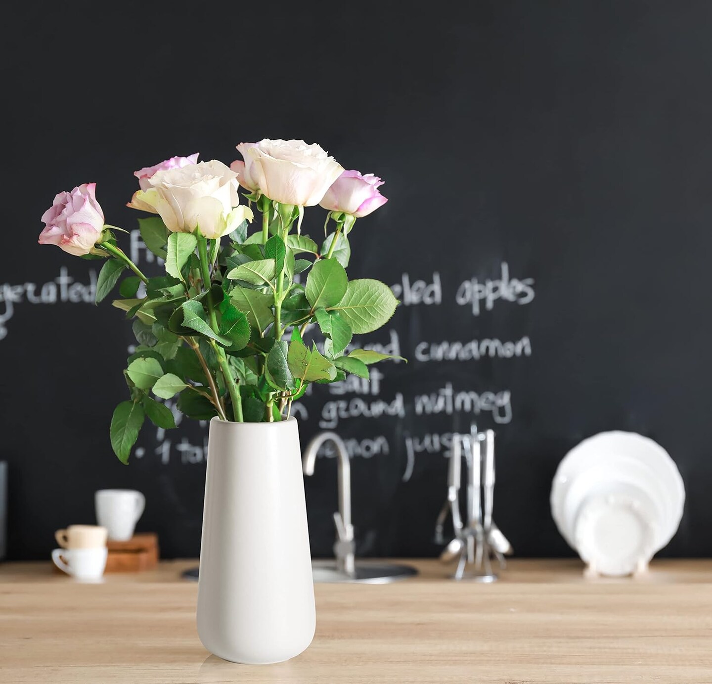 8 Inch Ceramic Flower Vase Matte Finishing, Minimalist Design for Home Décor, Bedroom, Living Room, Centerpieces, Office, White, VS-XH-D-1