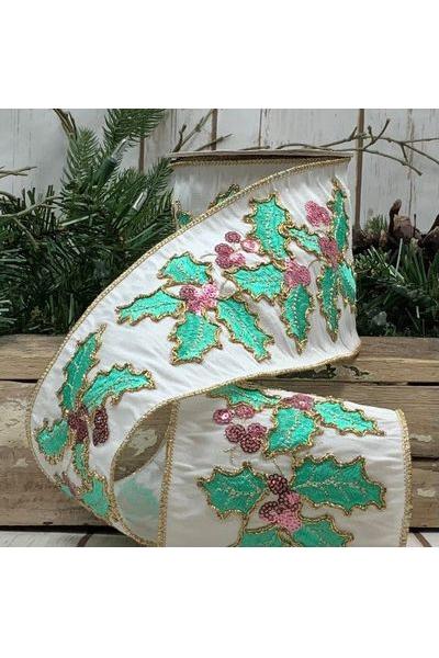 4&#x22; Dupion Pastel Holly Embroider Ribbon: White (5 Yards)