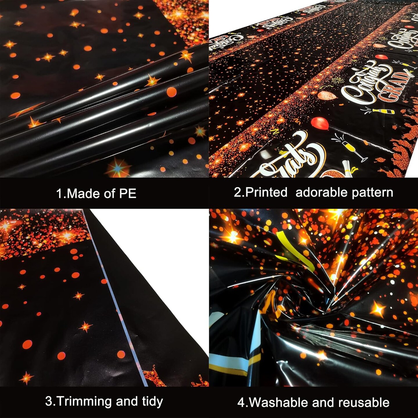 Orange and Black Graduation Tablecloth - XtraLarge 108x54 Inch, Pack of 3 | Congrats Grad Tablecloth for Graduation Decorations 2025 | Orange and Black Graduation Decorations Class of 2025