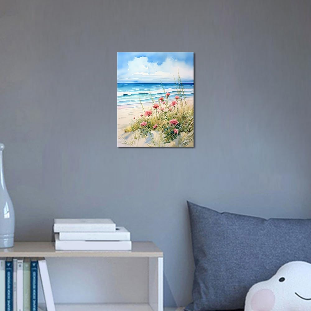 DIY Paint by Numbers for Adults Beach Scene Adult Paint by Number Kits on Canvas Pink Flowers Blue Ocean Painting by Numbers Kit for Adults Vintage Art Crafts 16x20 in