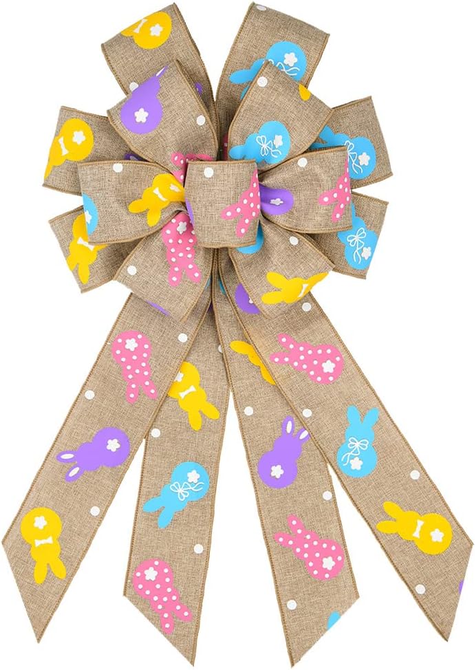 Easter Wreath Bows, Brown Easter Rabbits Pattern Burlap Bows for Wreaths - Easter Decor Burlap Tree Topper Bows for Holiday Front Door Wreath Decorations Indoor Outdoor