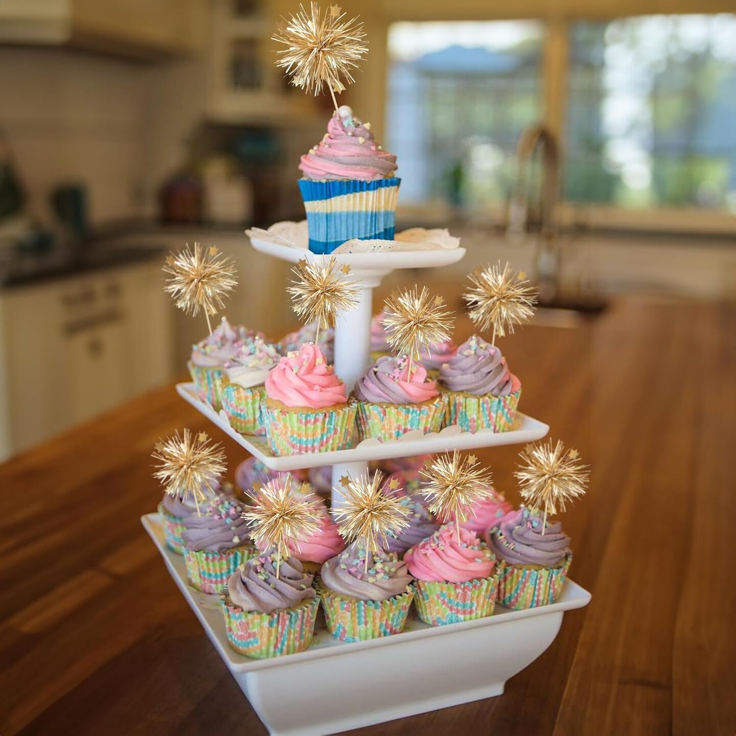 30Pcs Foil Firework Cupcake Toppers Happy Birthday Cake Toppers Sparkle Tinsel Flower Drink Stirrers Cocktail Food Fruit Toothpicks for Valentine&#x27;s Day Party Supplies Gold