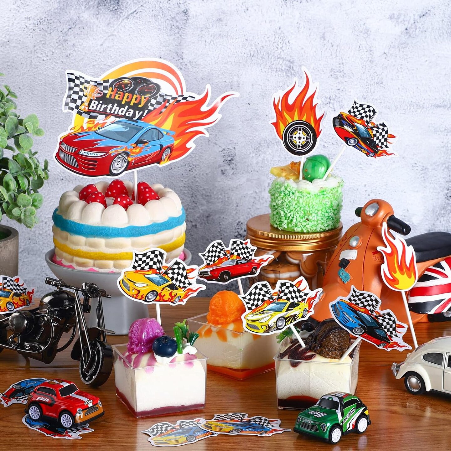 55PCS Race Car Cupcake Toppers – Wheels & Checkered Flag for Birthday Party Decorations