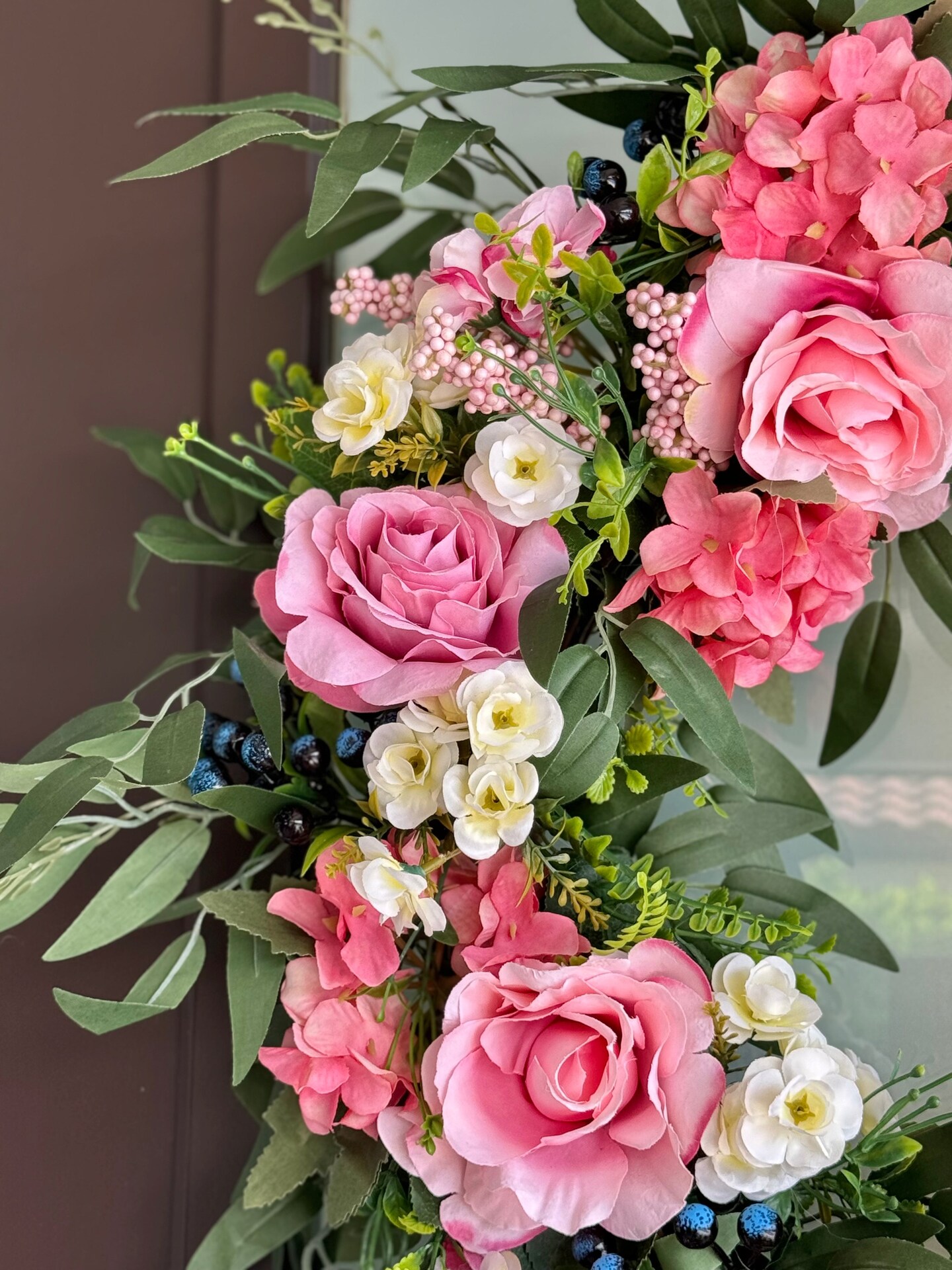 Lyla Pink Rose Green Beech Door Wreath 24&#x22; All Season Indoor Outdoor