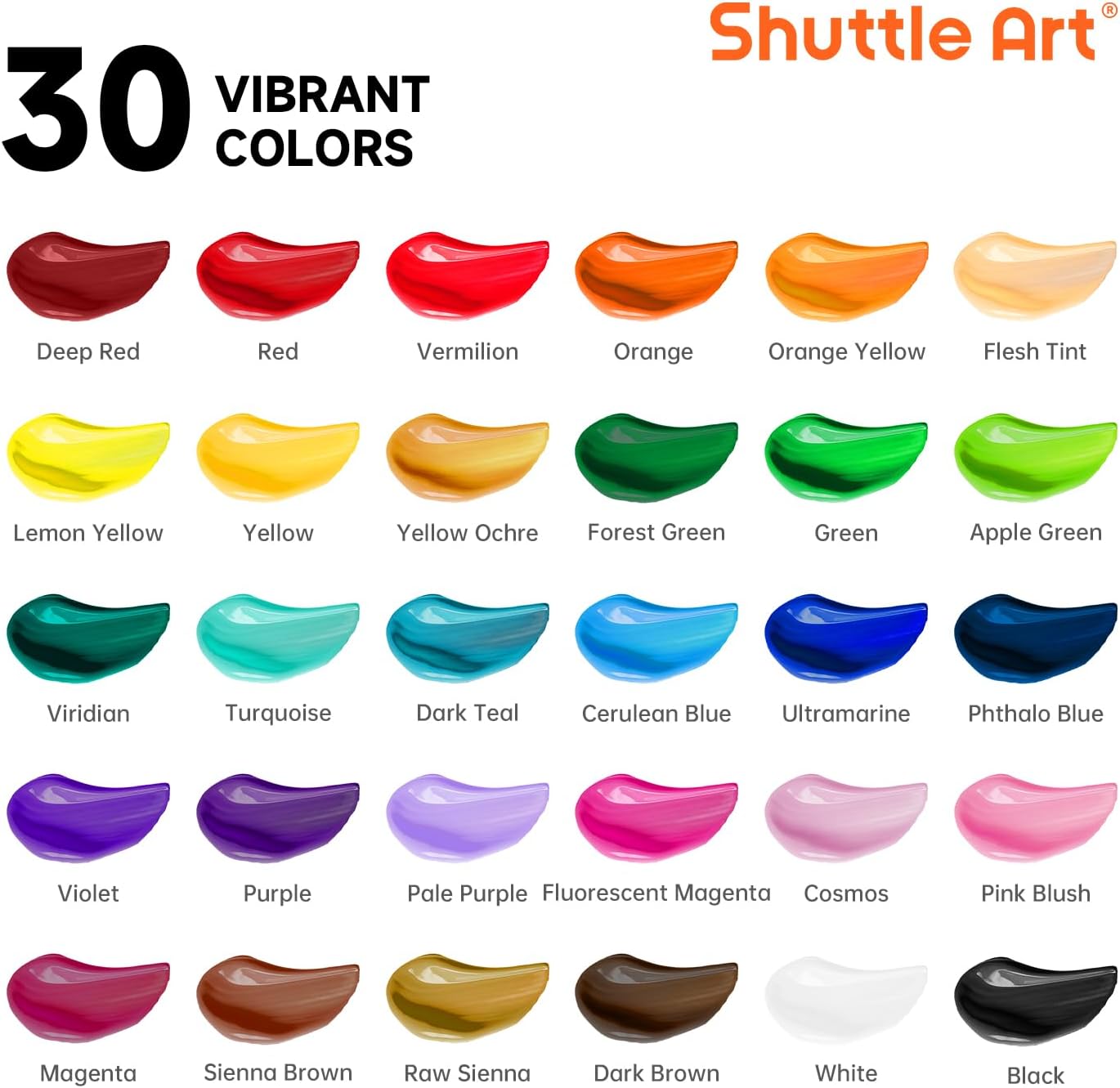 30 Colors Acrylic Paint Set, 36ml Tubes with 3 Brushes, Artist Grade Acrylic Paint, for Kids Adults Beginners, Painting on Crafts Canvas Wood Rocks