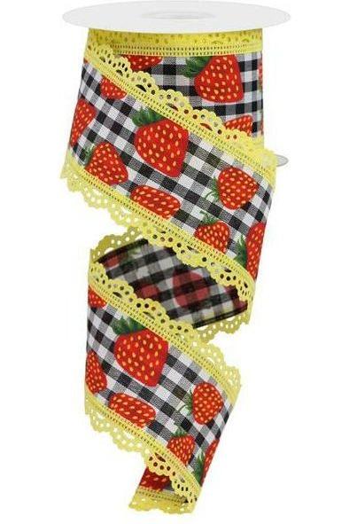 2.5&#x22; Strawberries Check Lace Ribbon: Black &#x26; White (10 Yards)
