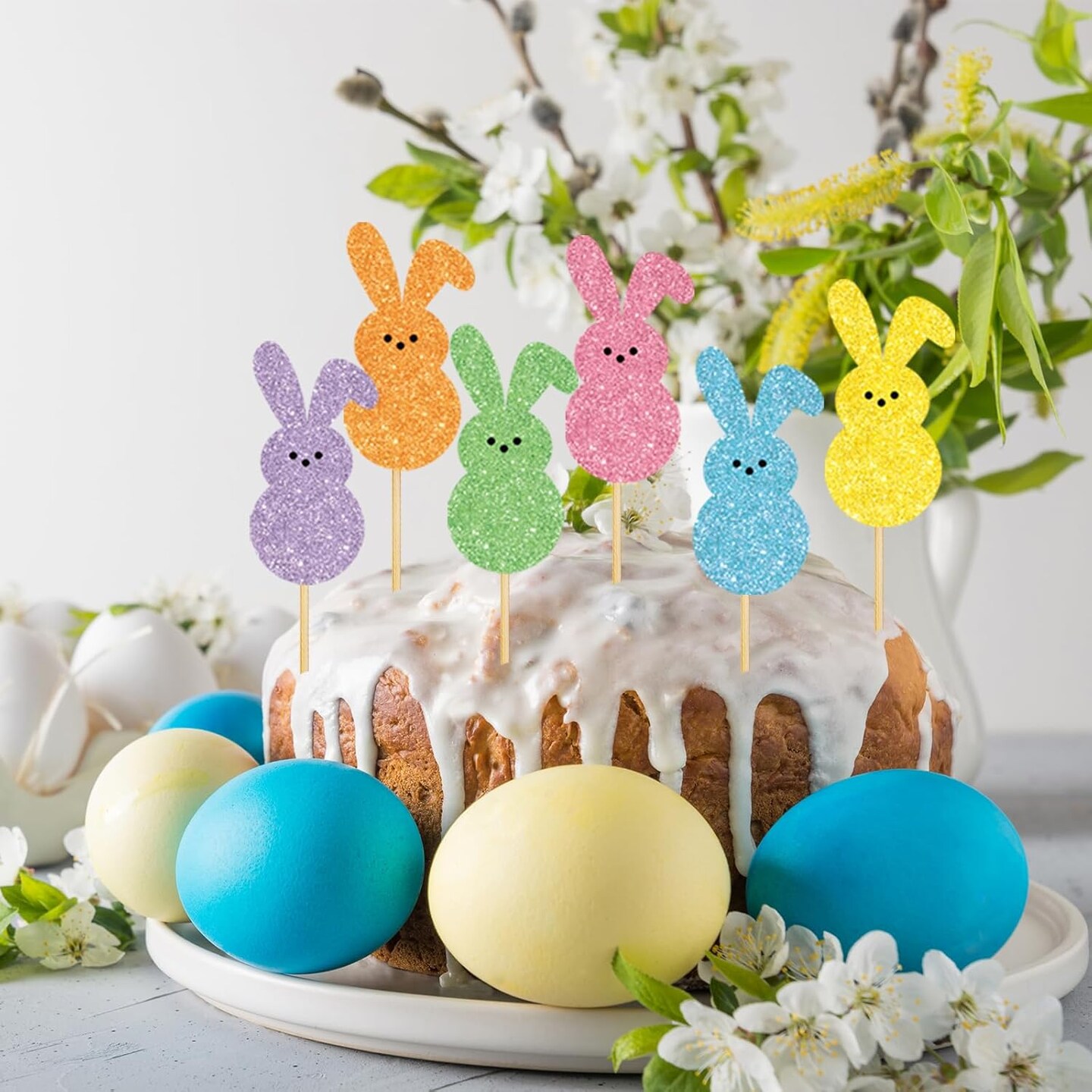 48PCS Easter Bunny Cupcake Toppers – Glitter Colorful Rabbit Picks for Cake & Party Decorations