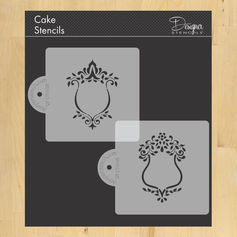 Two Monogram Shields Cake and Cookie Stencil Set | C988 by Designer Stencils | Cake Decorating Tools | Baking Stencils for Royal Icing, Airbrush, Dusting Powder | Reusable Plastic Food Grade Stencil for Cakes &#x26; Cookies | Easy to Use &#x26; Clean Stencil