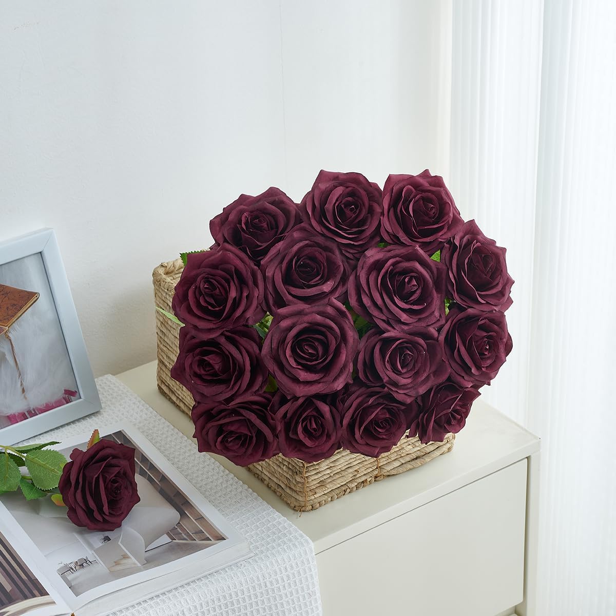 50pcs Roses Artificial Flowers Bulk,Burgundy Fake Roses Silk Flower