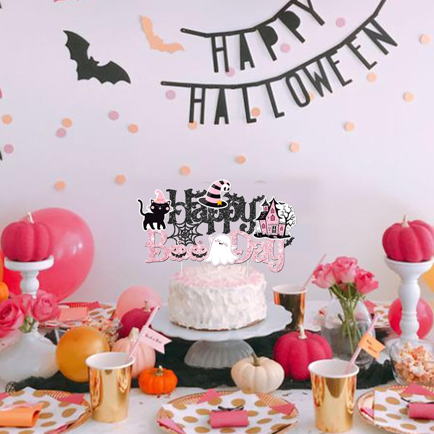 “Happy Boo Day” Cake Topper – Halloween Birthday Party Decoration with Ghost, Pumpkin & Bat Theme for Girls, Baby Showers & Spooky Celebrations