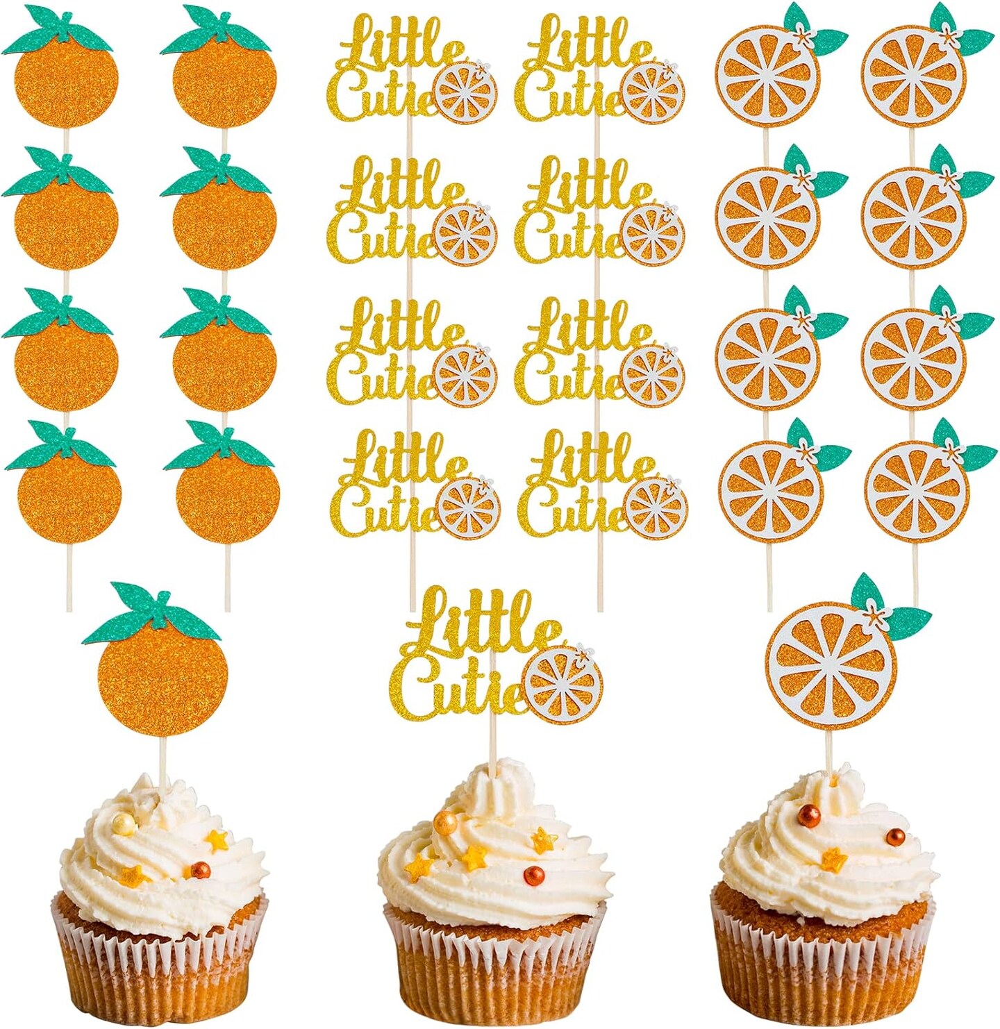 36 Pieces Little Cutie Glitter Cupcake Toppers – Orange Citrus Party Picks for Baby Shower, Kids Birthday & Themed Party Decorations