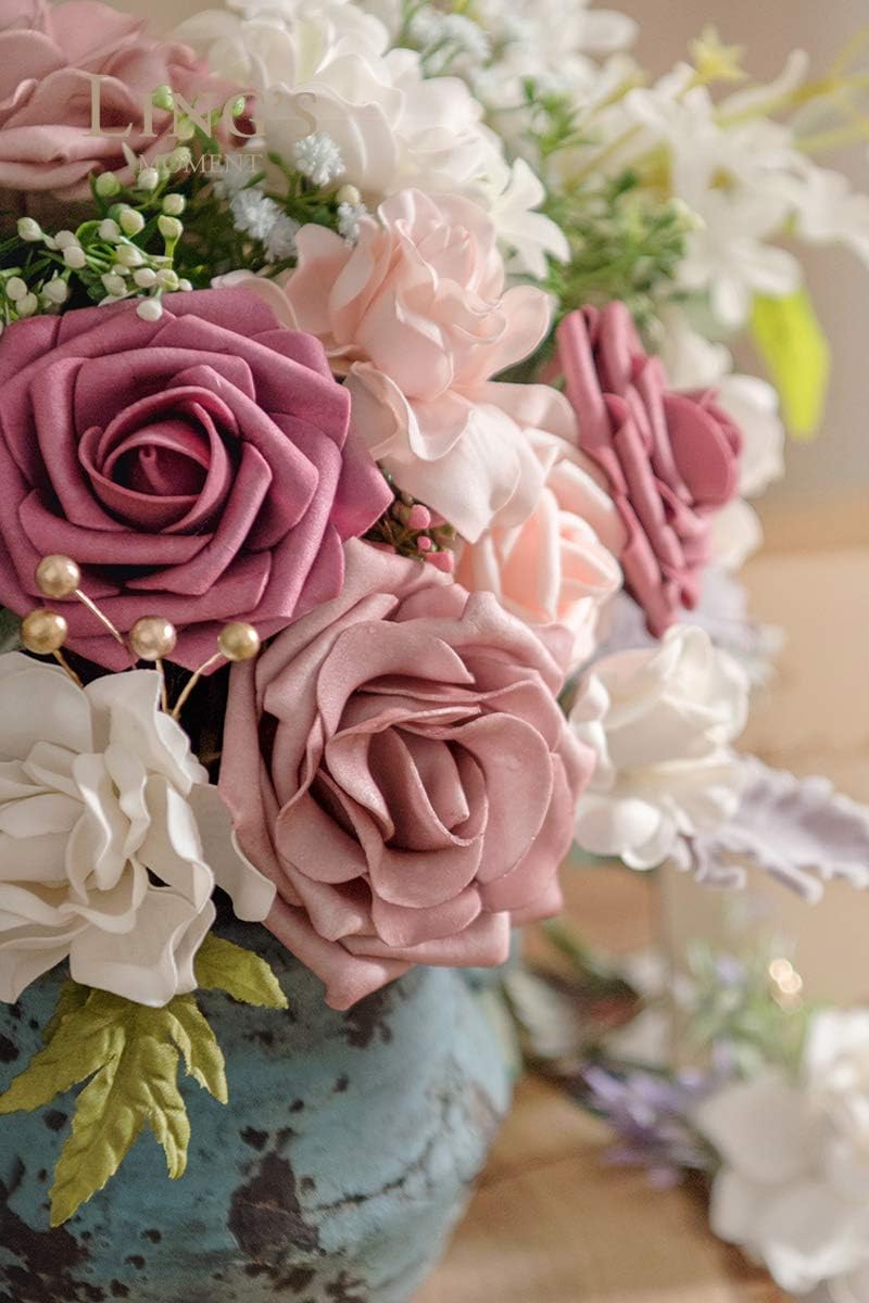 25Pcs Artificial Flowers Roses in Burgundy Mauve Shades Bouquets