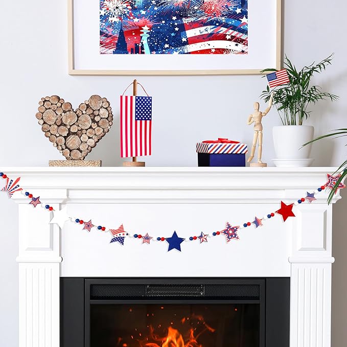 Patriotic Red White Blue Garland, 4th of July Wooden Beads Garland with Star Charms Rustic Farmhouse American Colors for Independence Day Memorial Veterans Fireplace Wall Decorations