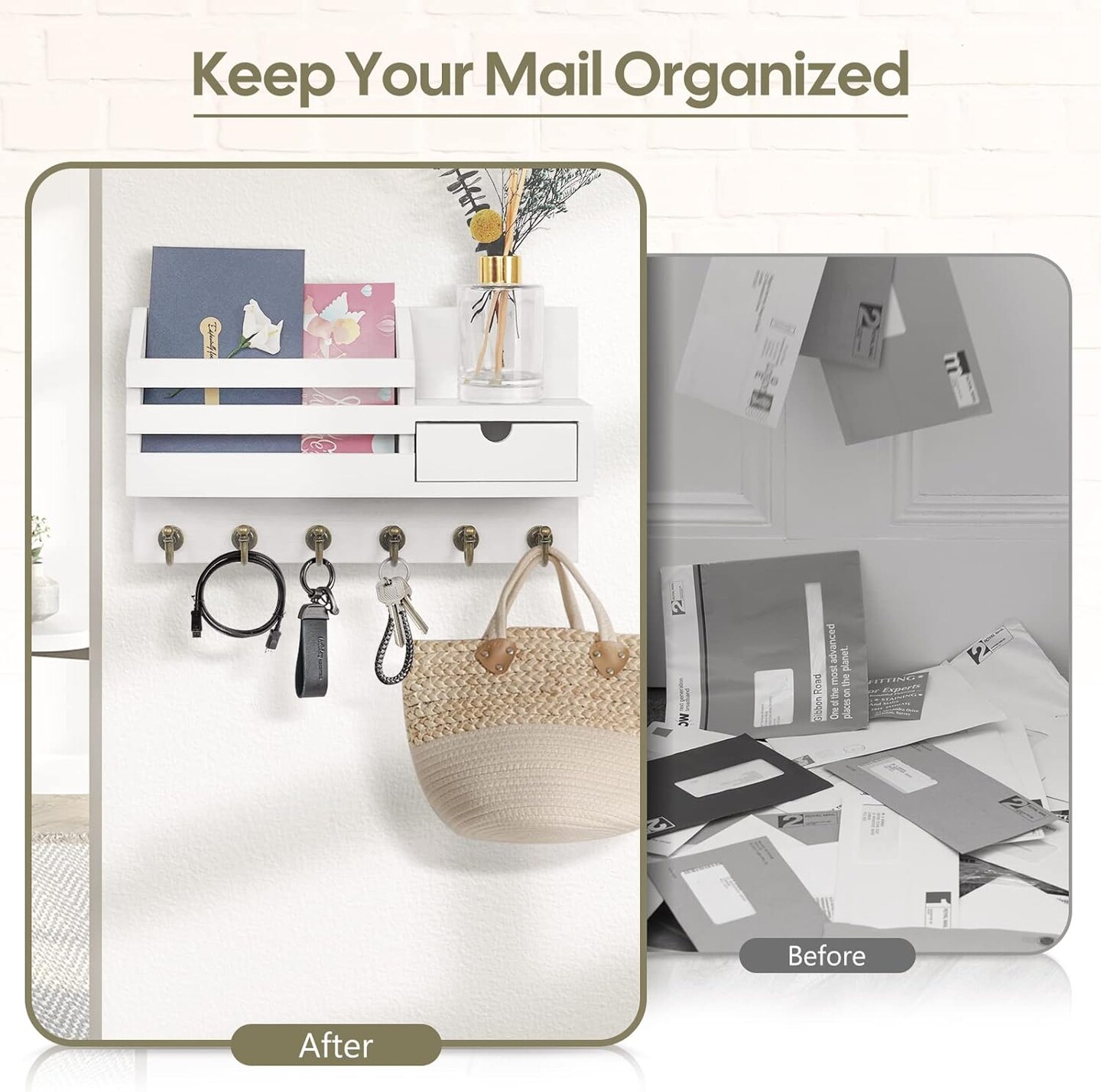 Key and Mail Holder for Wall, Mail Organizer Wall Mount with 6 Hooks and Storage Drawer, Easy Installation Key Rack for Entryway and Home Decor (A-White)